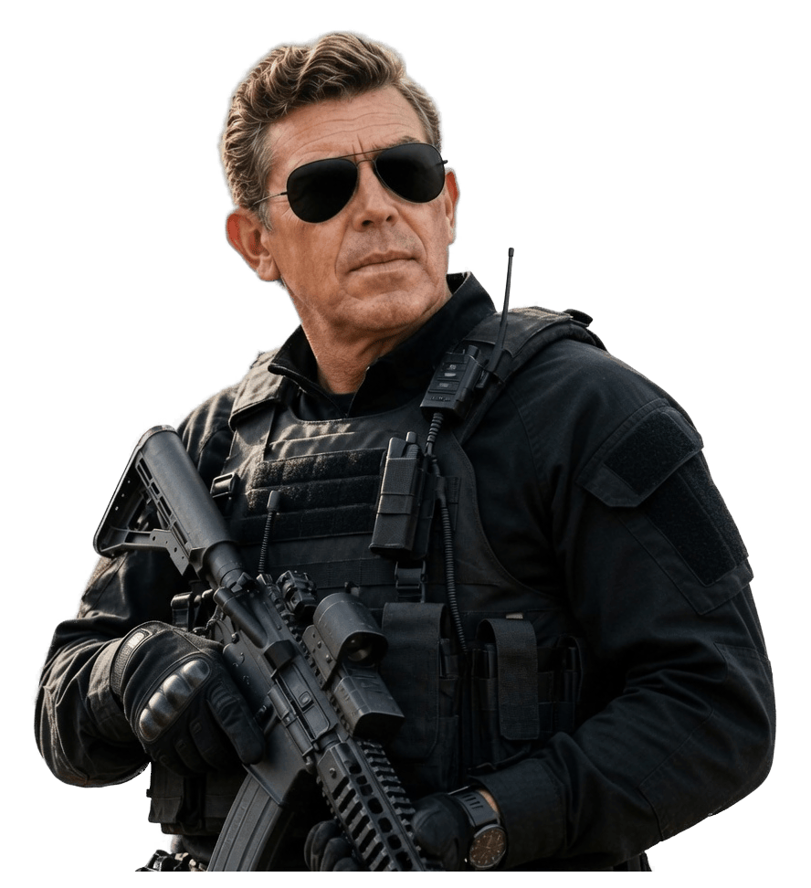 Andrew Jackson Taylor II in black contractor kit, holding a rifle.